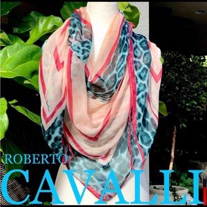 ROBERTO CAVALLI NWT Large shawl / square scarf leopard blue pink